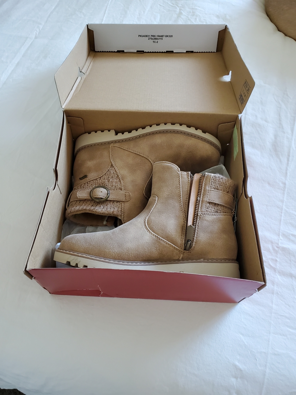Skechers Tan Suede-Look Girls' Ankle Booties with Side Zipper